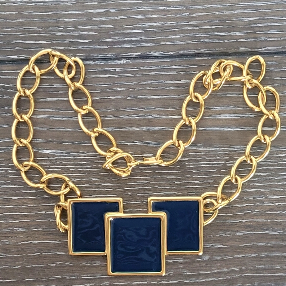 MONET designer geometric modernist enamel pendant gold tone runway necklace